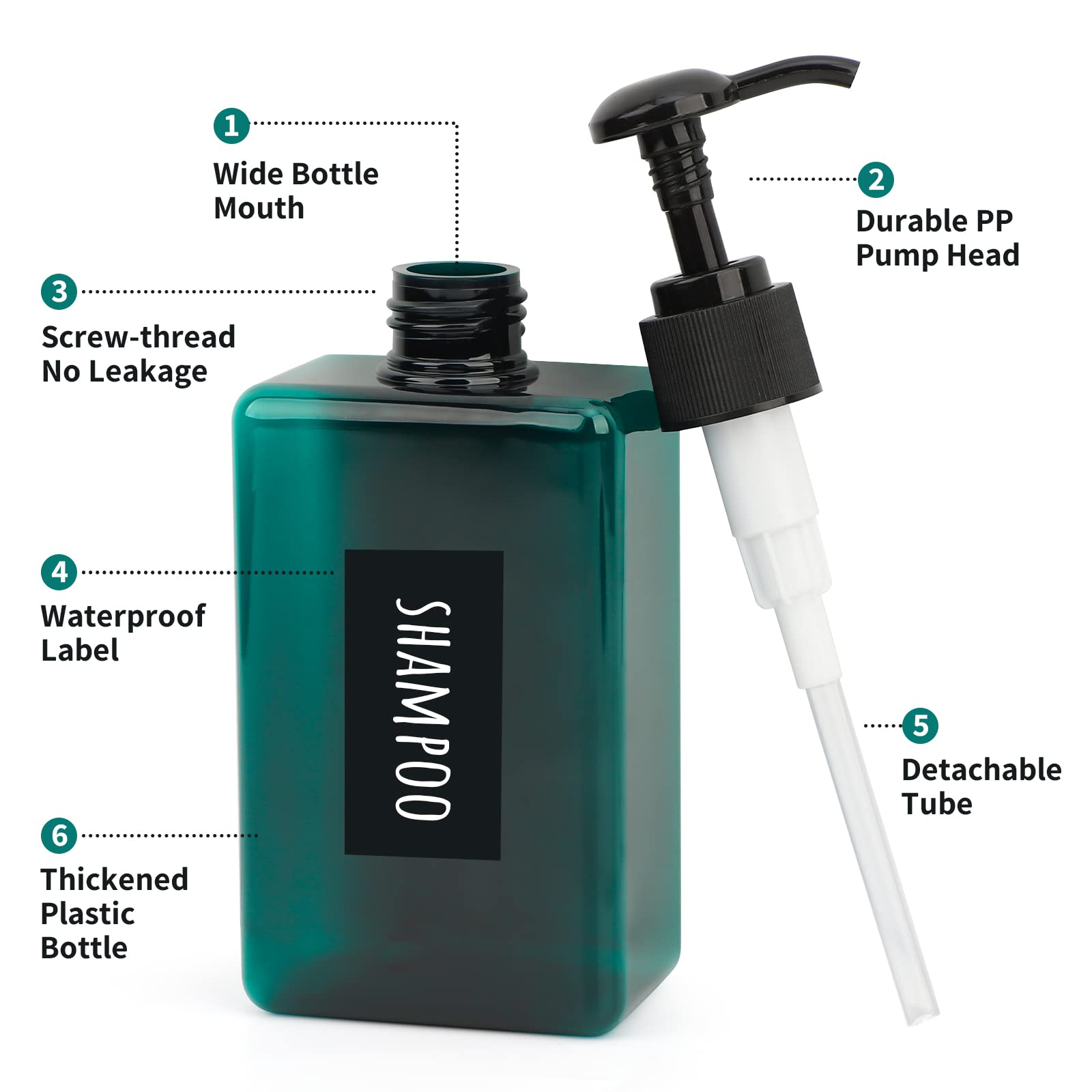 Segbeauty 4Pcs Empty Shampoo Bottles, 9.5Oz Plastic Square Shower Pump Bottle Refillable, 280Ml Small Green Lotion Dispenser Mak